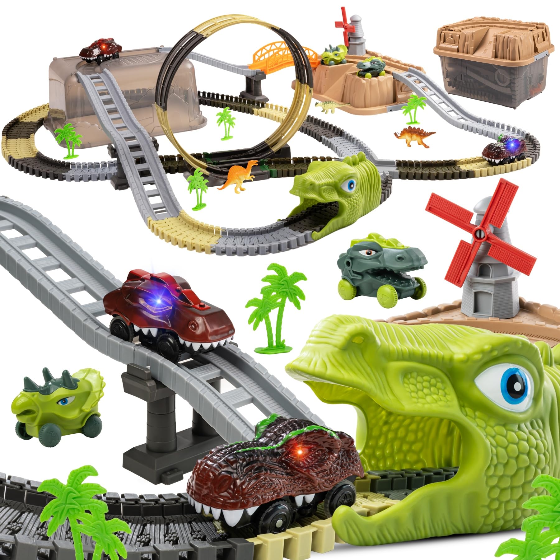 TUMAMA Dinosaur Car Racing Track Toy Set, 255 Pieces Dino Children's Toy from 3 4 5 6 Years Children, Highway Train with 2 Cars, Electric 360 Looping Racetrack, Cars Race Track Railway Construction