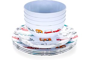 Camco Life is Better at The Campsite Dishware Set | Includes (4) Large Dinner Plates, (4) Small Salad Plates and (4) Bowls | Top Rack Dishwasher Safe | Multi-Color RV and Truck Design (53295)