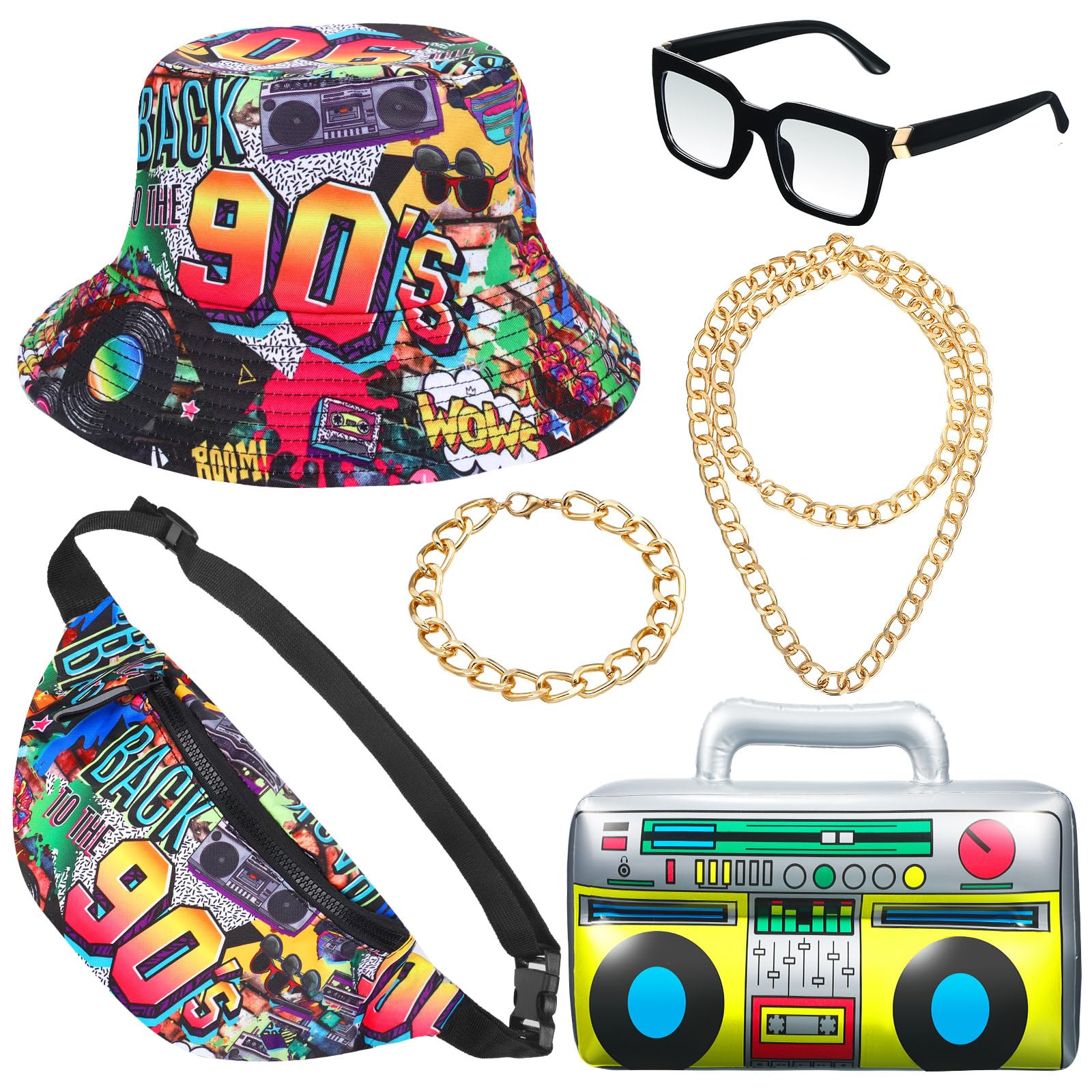 Photo 1 of Hicarer 6 Pieces Hip Hop Costumes 80s/90s Outfits Accessories for Women Men Rapper DJ Costume Halloween Cosplay (90s Vintage) Multicolor