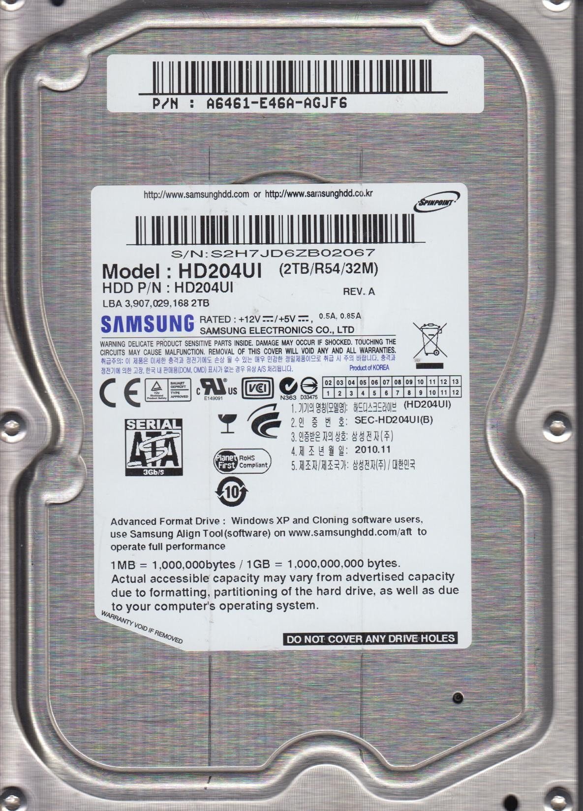 Samsung HD204UI F4 3.5 inch 2TB 32MB 5400rpm Internal Hard Disk Drive