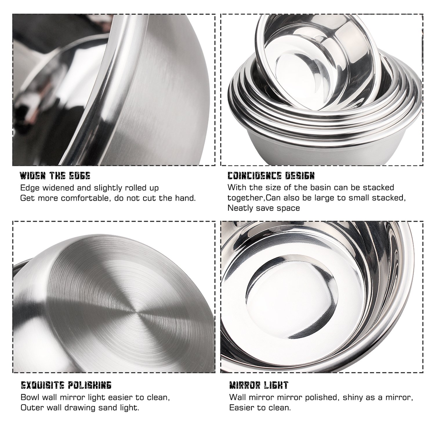 Mixing Baking Bowl Set, Stainless Steel, Solid and Durable, Mirror & Brushed Finish, Flat Bottom, Big Lip, Set of 5