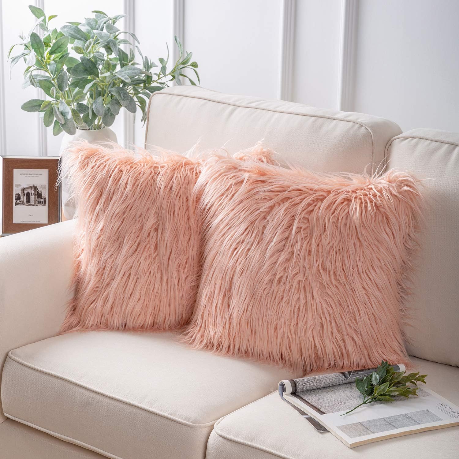 Phantoscope Pack of 2 Luxury Series Throw Pillow Covers Faux Fur Mongolian Style Plush Cushion Case for Couch Bed and Chair, Orange 20 x 20 inches 50 x 50 cm