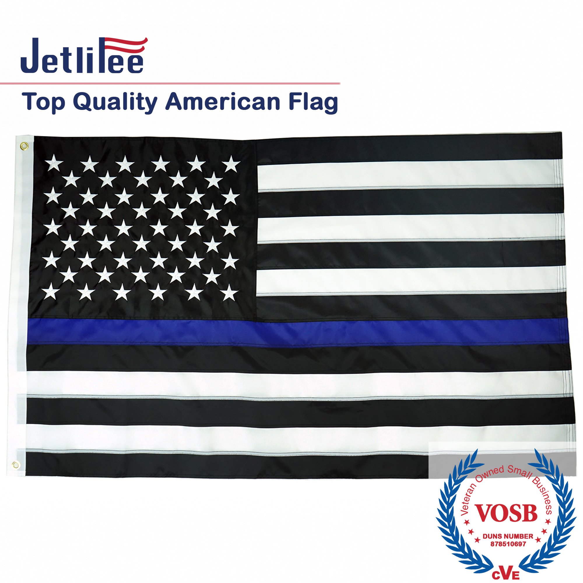 Black White Thin Blue Line American Flag 3x5Ft Heavy-Use Nylon w/ Embroidered Stars & Sewn Stripes - Deluxe Fast-Dry, All-Weather USA Flag-Honoring Law Enforcement Officers