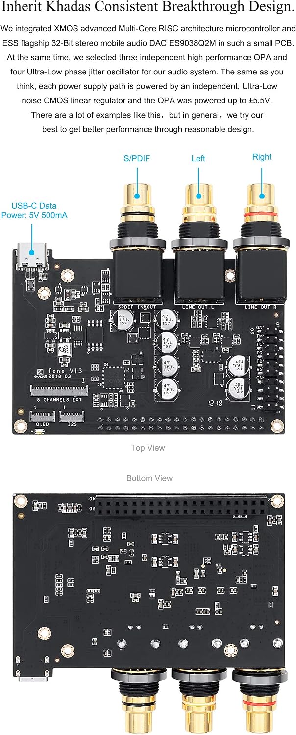 Khadas Tone Board Hi-Res Audio USB DAC Based in Chip 32-bit ES9038Q2M XMOS XU208 External Sound Card with S/PDIF input(Generic Version) - Image 5