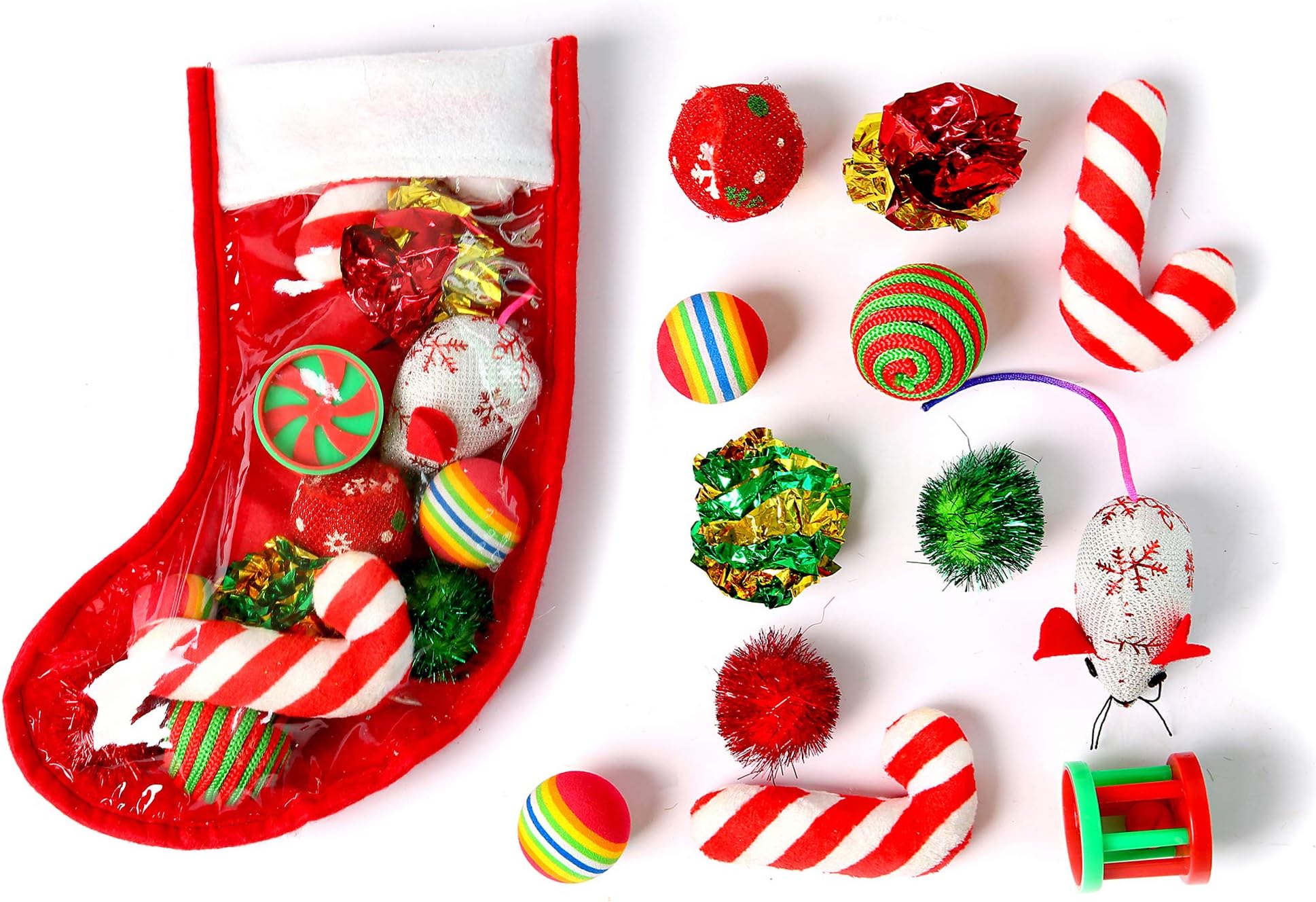 Highland Farms SelectChristmas Stocking Cat Gifts Set - Cat Toy Filled - Kitty Festive Stocking Variety Pack Toy - 12 Packs