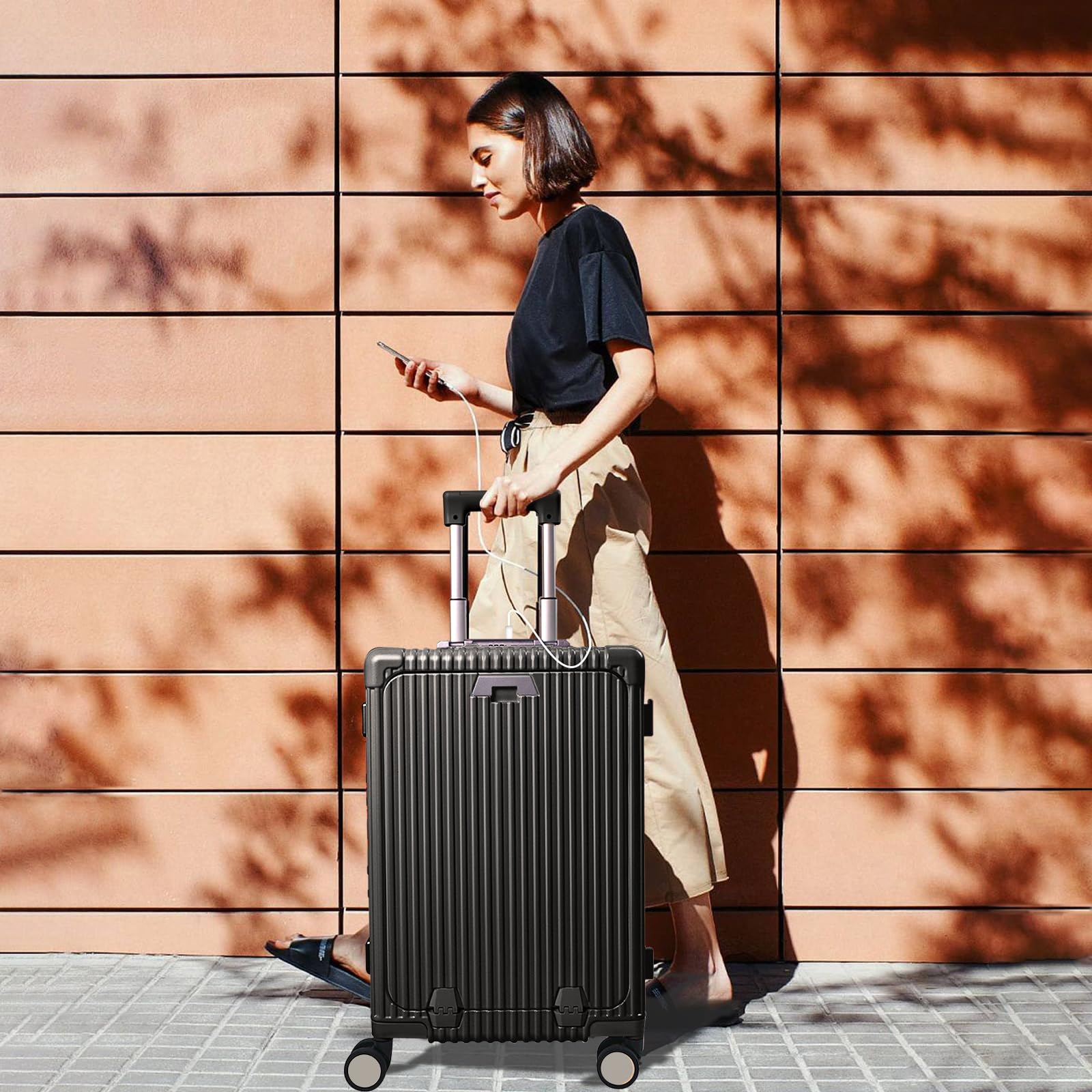 Airline Approved Carry on Luggage with Spinner Wheels,20 inch Aluminum Framed Suitcase,Built-In TSA lock,with USB Port & Cup Holder & Phone Holder Hard Case Luggage Travel Suitcase (Gray)