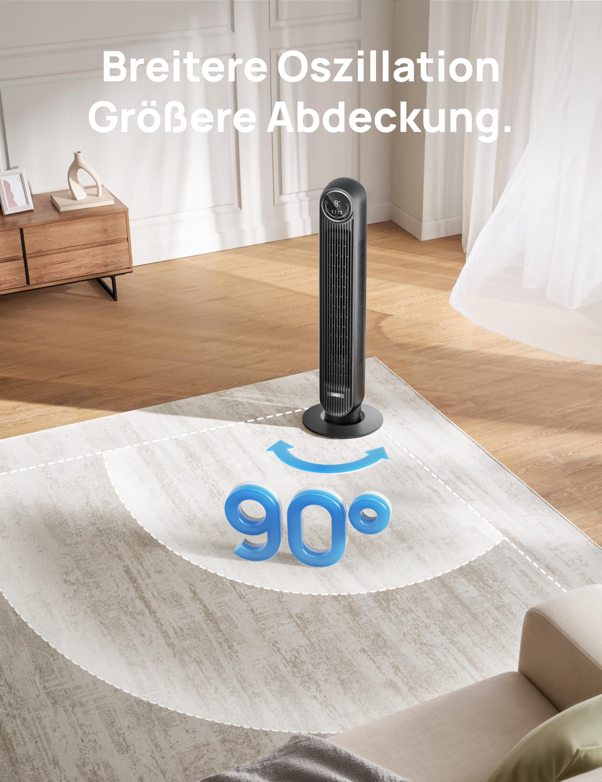 DREO Leiser Turmventilator, 10 m Wurfweite 4 Geschwindigstufen 4 Modi 8 Std. Timer 90° oszillierende Ventilator mit Kühlung Fernbedienung für Schlafzimmer,Turmventilator 307, Schwarz 6