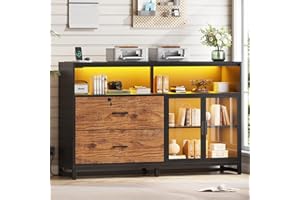 SEDETA 59" File Cabinet, 2 Drawers Filing Cabinets for Home Office fit Legal/Letter/A4 File, File Cabinet with Lock & Power Outlets, Printer Stand with Storage & LED Lights, Rustic Brown