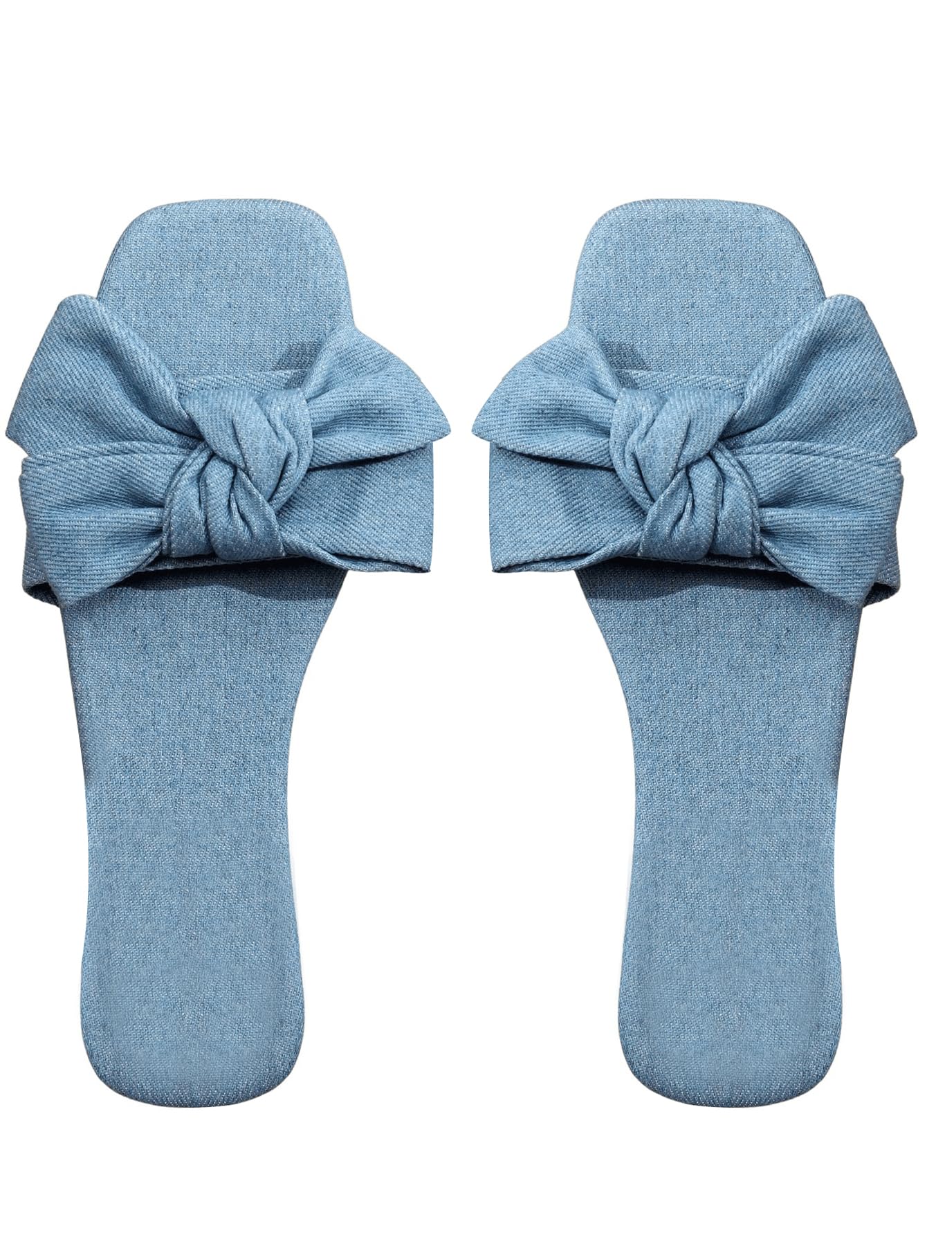 Photo 1 of GORGLITTER Women's Bow Denim Flat Sandals 2025 Jean Square Open Toe Slide Shoes Light Blue 8