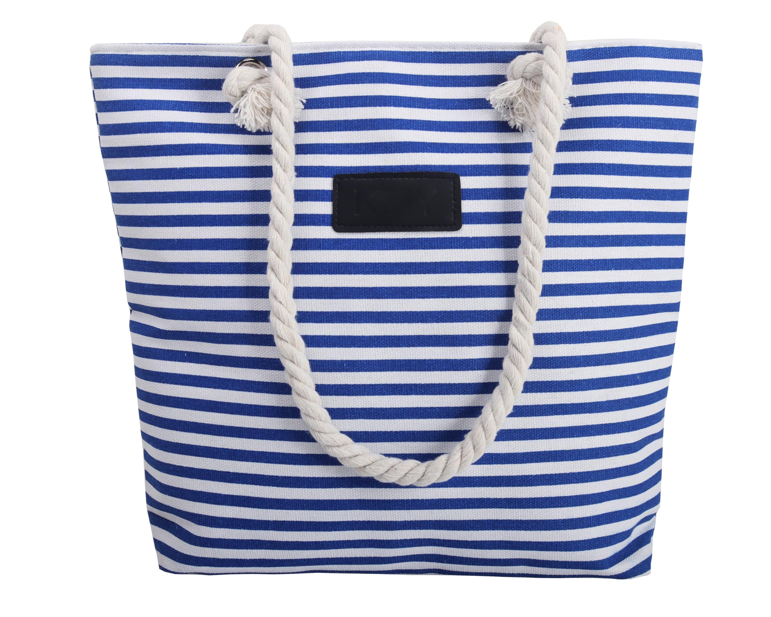 ZhengYue Canvas Travel Tote Bag Oversized Shoulder Bag 13.5 Inch Stripes Holiday Beach Bag Shopping Bag for Womens Large with Zipper and Rope Handle Blue