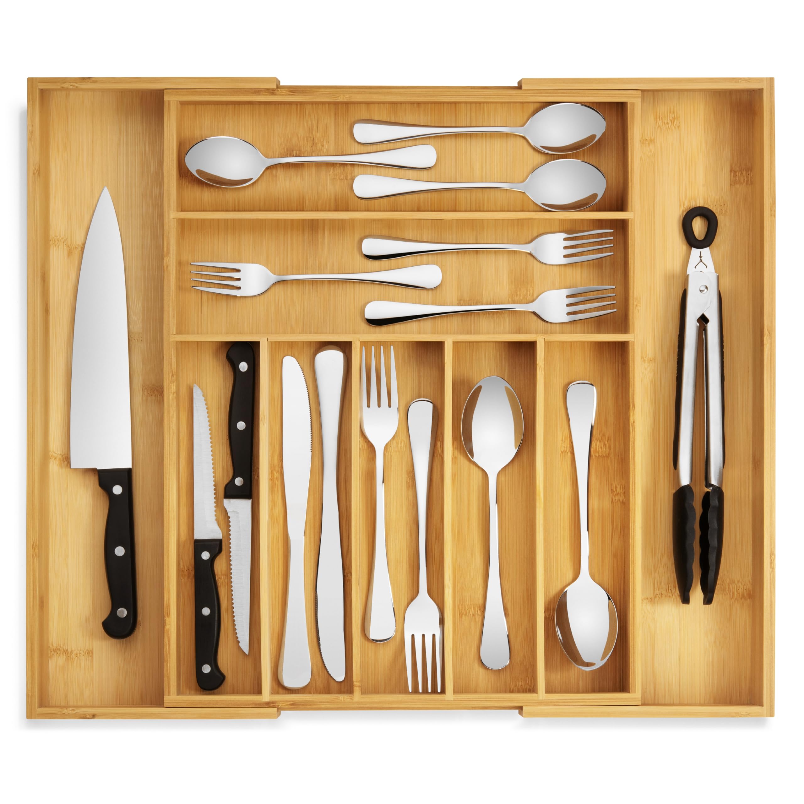 Photo 1 of Purawood Bamboo Drawer Organizer - Expandable Silverware Organizer & Utensil Drawer Organizer, Cutlery Tray with Dividers, 7-9 Slots- Kitchen Organizer for Utensils & Flatware (Natural)