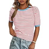 PRETTYGARDEN Womens Puff Short Sleeve Summer Tops 2026 Casual Ribbed Knit Work Basic Tees Crewneck Spring Striped T Shirts