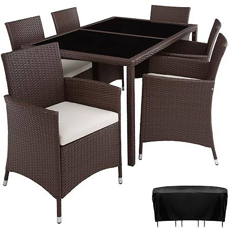 TecTake 800325 - Poly Rattan Sitzgruppe, 6 Stühle mit Sitzkissen, 1 Tisch mit 2 Glasplatten, inkl. Schutzhülle - Diverse Farb
