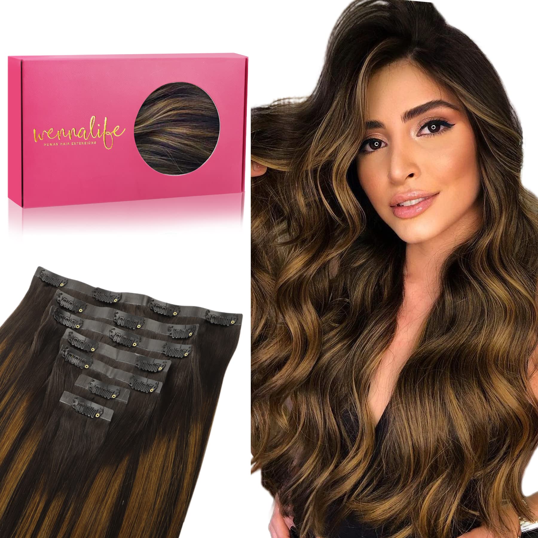Wennalife Seamless Clip In Hair Extensions, 16 Inch 130g Balayage Dark Brown Mixed Chestnut Brown Hair Extensions Clip In Invisible PU Skin Weft Natural Real Human Hair Extensions Clip In, 1.0 count — image 1
