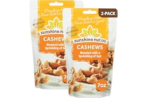 Sunshine Nut Company Whole Roasted Lightly Salted Cashews, Sprinkling of Salt Flavor, 2 Pack, 7 oz. Each, Gluten Free, Peanut Free and Vegan Individual Snack Packs for Kids and Adults, GMO Free