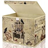 Briwooody Vintage Gothic Halloween Storage Bin with Lid and Carrying Handle | Gothic Skull Storage Box, Large Halloween Foldable Storage Basket, Vintage Skeleton Decorative Container for Closet Home Gift