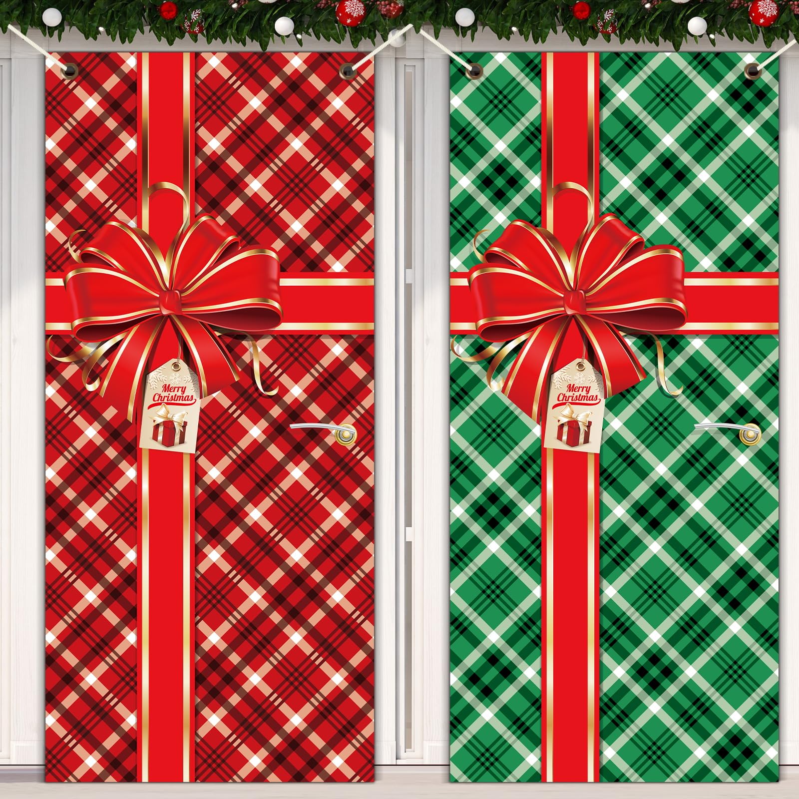 Photo 1 of 2 Pieces Christmas Door Cover Buffalo Checkered Plaid Photography Backdrop Bowknot Gift Box Door Hanging Covers Merry Christmas Door Decoration for Home Wall Outdoor Indoor Party Holiday Xmas Eve