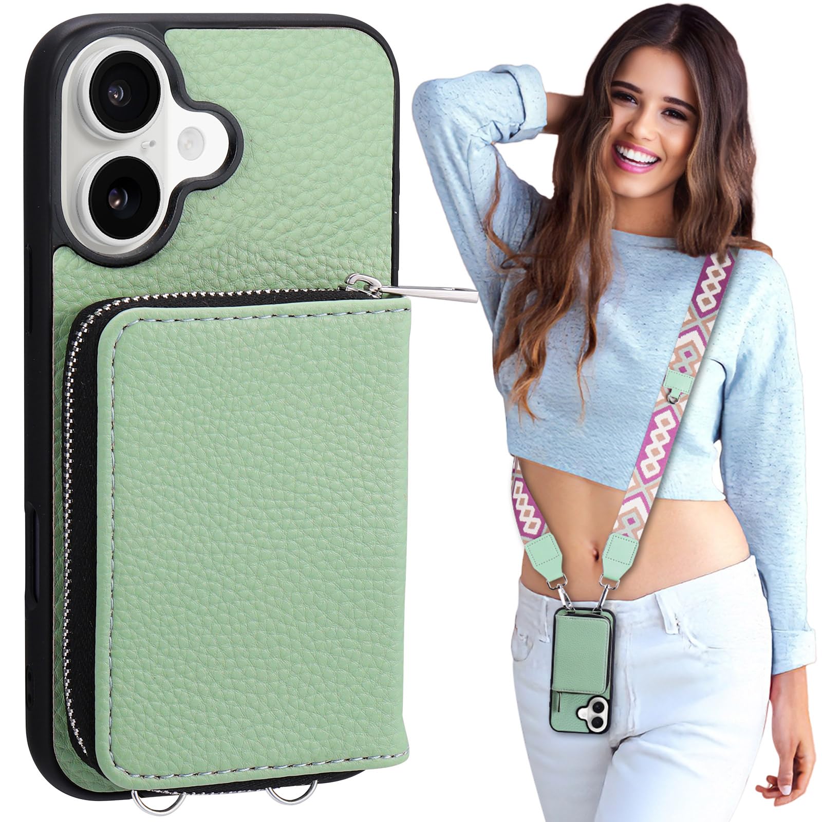 XANGNIER Wallet Case for iPhone 17 with Strap, RFID Blocking PU Leather Crossbody Phone Purse with Card Holder, Zipper Pocket, Wrist Strap & Adjustable Lanyard for Women 6.3" 5G, Green