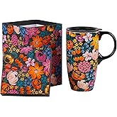 Topadorn Ceramic Travel Mug with Lid and Handle Ceramic Coffee Mug Ceramic Latte Teacup in Color Box 17 Oz, Splash Resistant Lid - To Go Tumbler for Car Cup Holder, Colorful Flower