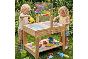 Shaneroady Water Table for Toddlers, Adjustable Height Wooden Sand and Water Table with 2 Collapsible Bins, Acrylic Activity 
