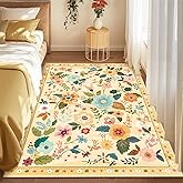 RELEANY Floral Nursery 3x5 Area Rugs Washable Print Boho Cute Carpet Non Slip Flower Low Pile for Living Room Kids Girls Playroom Bedroom Kitchen Office Farmhouse-Ivory/Yellow