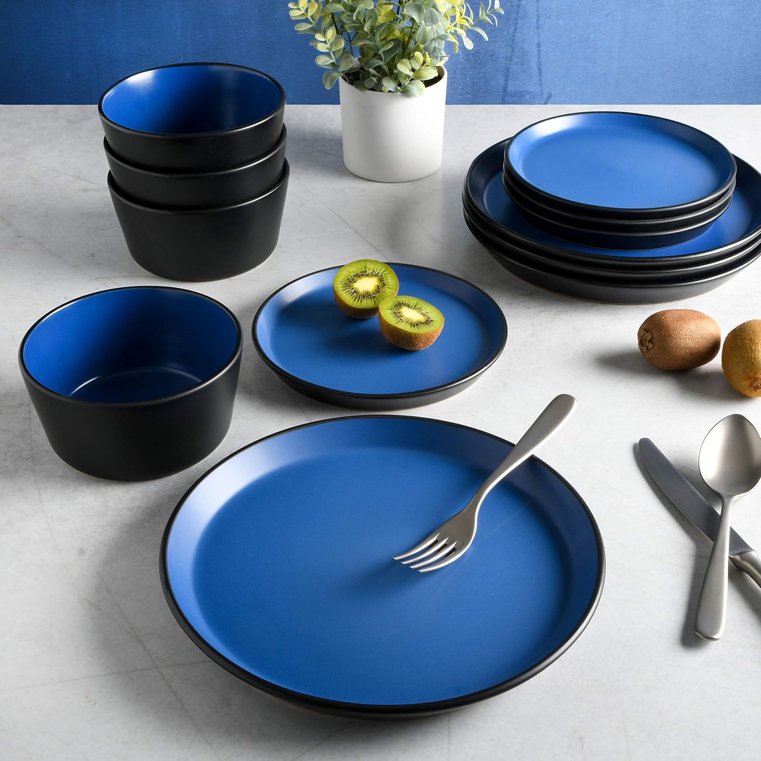  | Gibson Elite Soho Lounge Round Dinnerware Set, Service for 4 (12pcs), Matte Blue: Dinnerware Sets