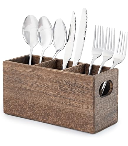 KZLCAKK Acacia Wood Utensil Holder – Silverware Organizer With 3 Compartments, Portable Caddy For Kitchen Or Party