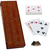 WE Games 3 Player Wood Cribbage Set - Easy Grip Pegs and 2 Decks of Cards Inside of Board - Walnut Stained
