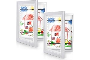 KOTNYX 2 Pack LED Light Kids Artwork Frame - Front Opening Kids Art Display Picture Frame, Holds 100 Pictures, MDF & Shatter-Resistant Glass, Standing Frame/Wall Hanging,13.3x10, Mat 11.6x8.3 (white)