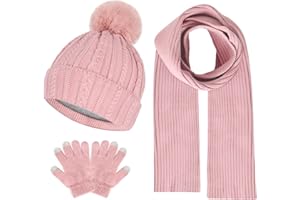LEEZEAD Kids Winter Hat Gloves Scarf Set Winter Knit Beanie Cap with Pompom Scarf Gloves Warm Set for Toddlers Boys Girls Ages 2-8