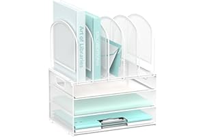 DALTACK Desk Organizer with Vertical File Holder, 3 Tier Desktop Organizer with 5 File Folder Holders and Handles, Desk Organizers and Accessories for Home Office Organization, Metal Mesh, White