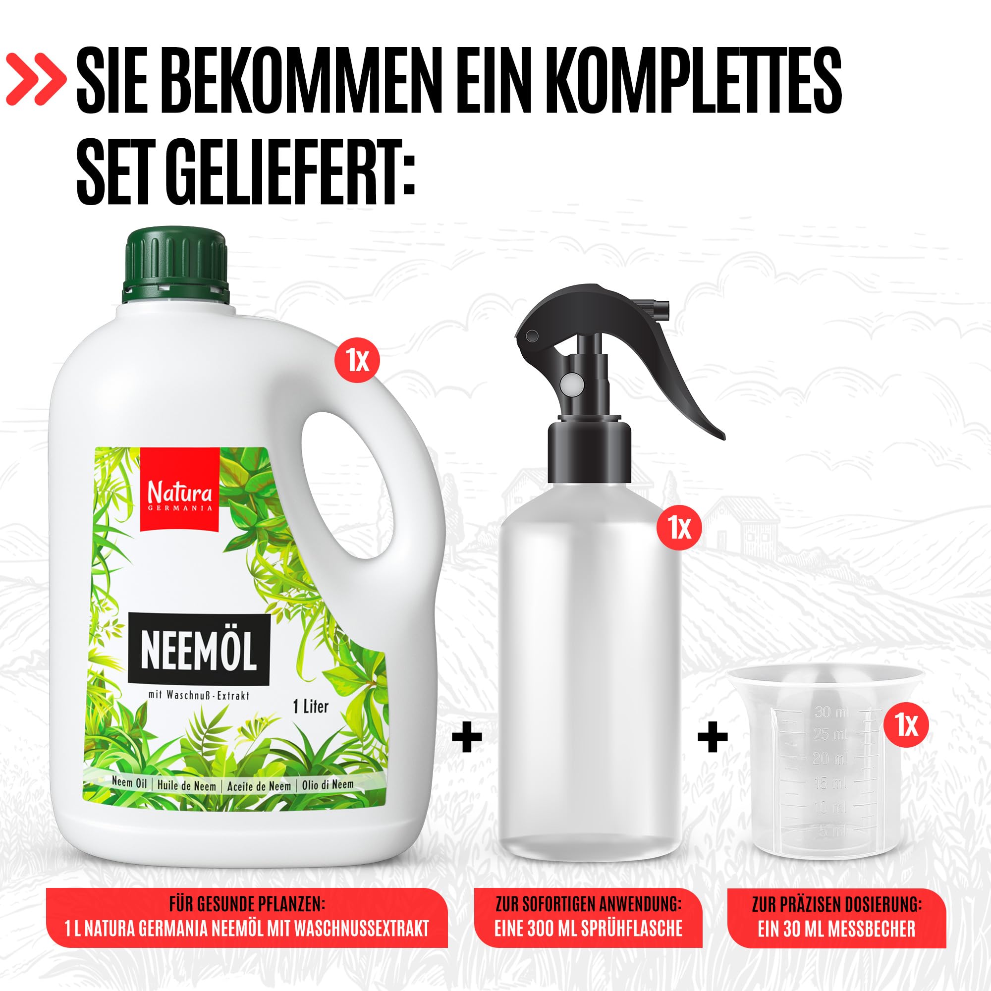 Natura Germania® Neemöl 500ml mit Waschnußextrakt mit Sprühflasche und Messbecher - Ergibt 50 Liter sprühfertige Lösung - Neem Spray zur natürlichen Pflanzenpflege für Zimmerpflanzen/Gartenpflanzen 3