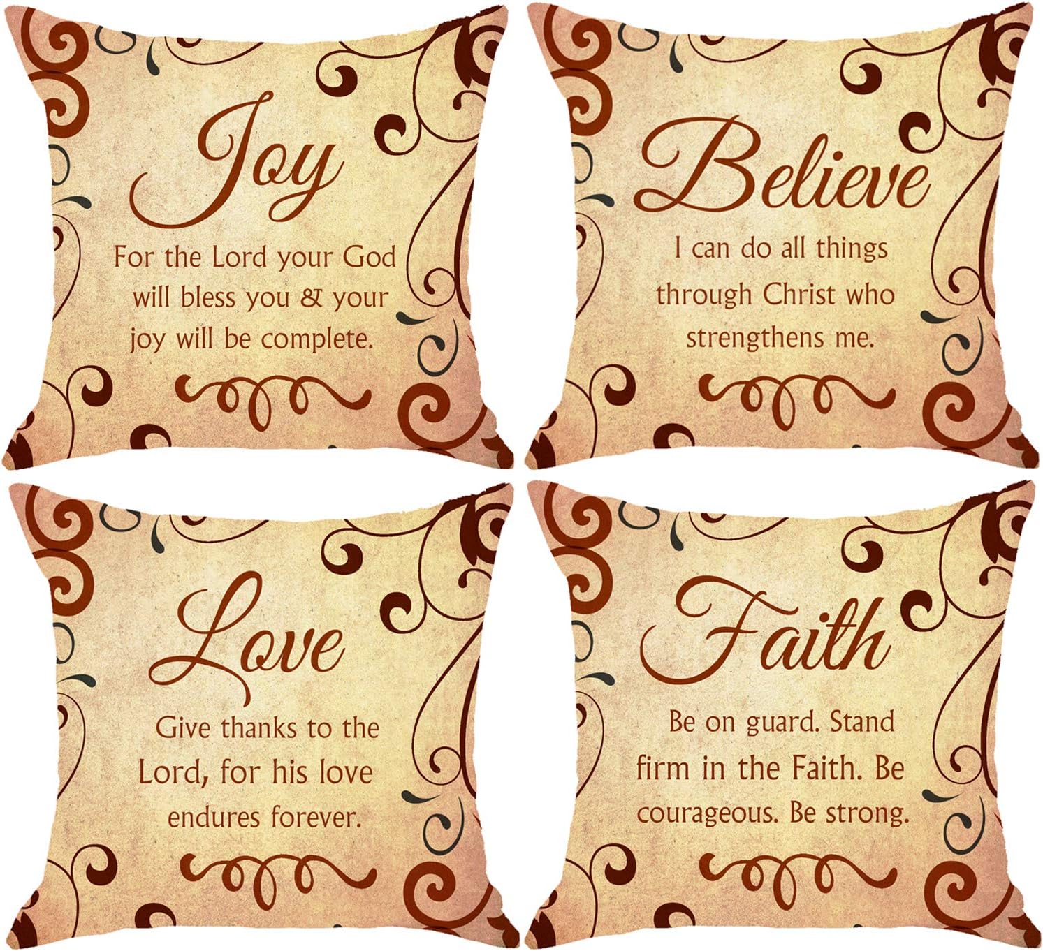 NIDITW Set of 4 Scripture Sayings Joy Love Faith Believe I Can Do All Things Through Christmas Who Strengthen Me Vintage Body Burlap Throw Pillow Case Cover Chair Couch Decorative Square 18x18 Inches