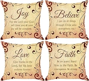 NIDITW Set of 4 Scripture Sayings Joy Love Faith Believe I Can Do All Things Through Christmas Who Strengthen Me Vintage Body Burlap Throw Pillow Case Cover Chair Couch Decorative Square 18x18 Inches