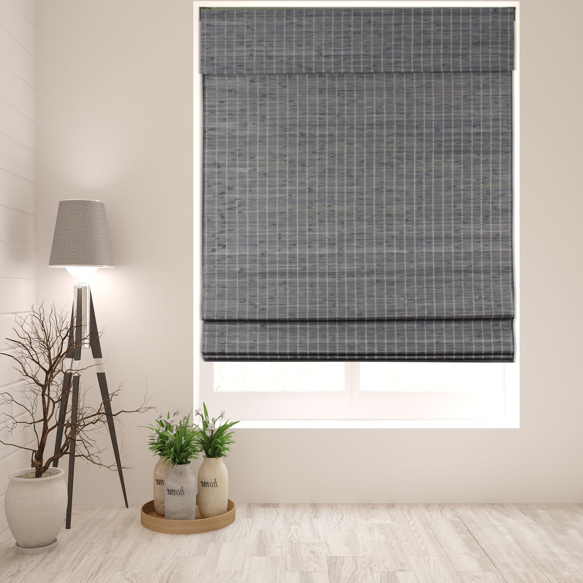 ARLO BLINDS Semi-Sheer Bamboo Roman Shades with Valance - Grey-Brown, 45" W x 60" H - Light Filtering Cordless Blinds for Interior Windows - Real Natural Bamboo Material - Mounting Hardware Included