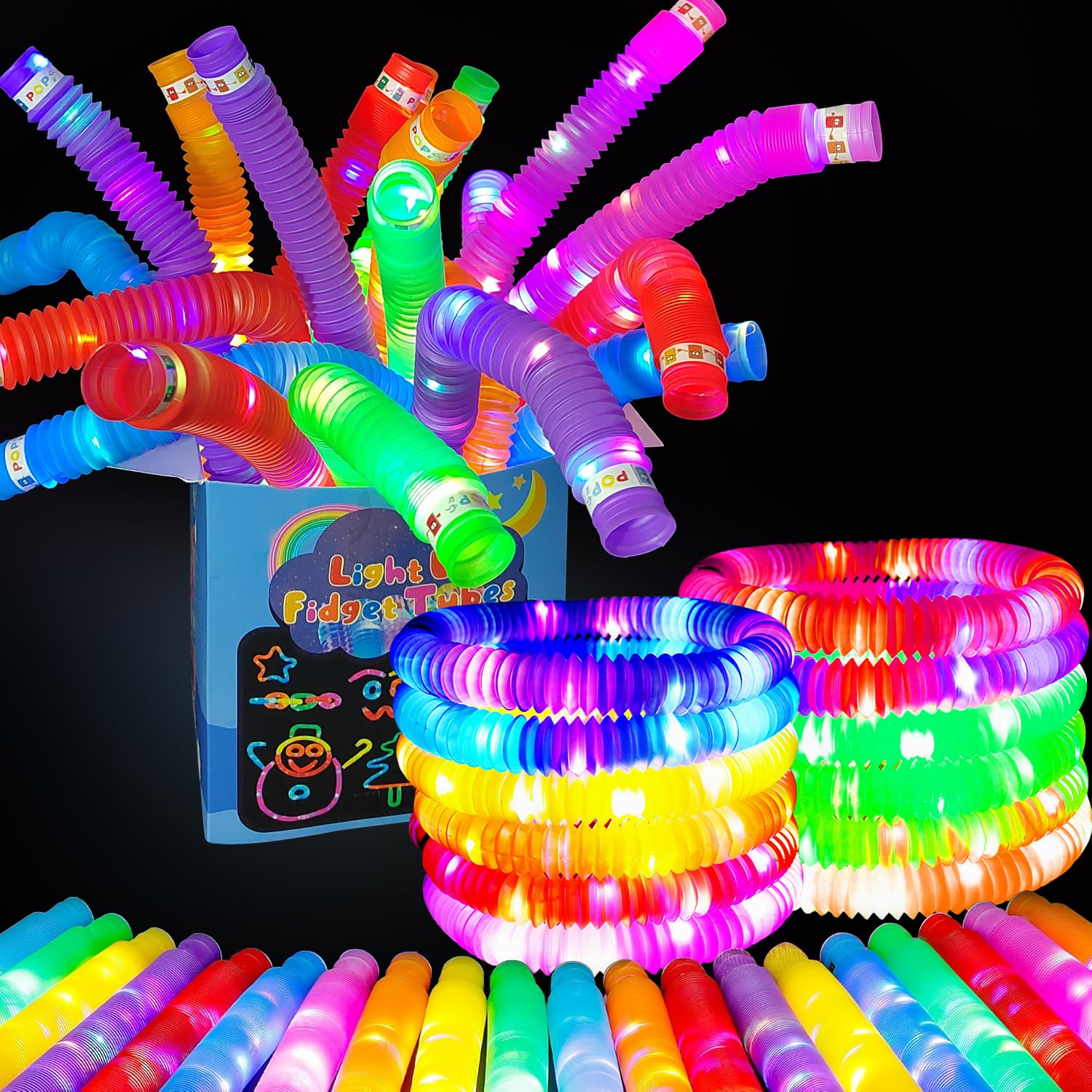Photo 1 of OceanWings 24PC Lights up Pop Tube Set for Kids Adults,Halloween Glow Sticks Stretchy Tube Fidget Toys for Classroom Prizes Birthday Concert Glow in The Dark Party Supplies Favor for Boys Girls