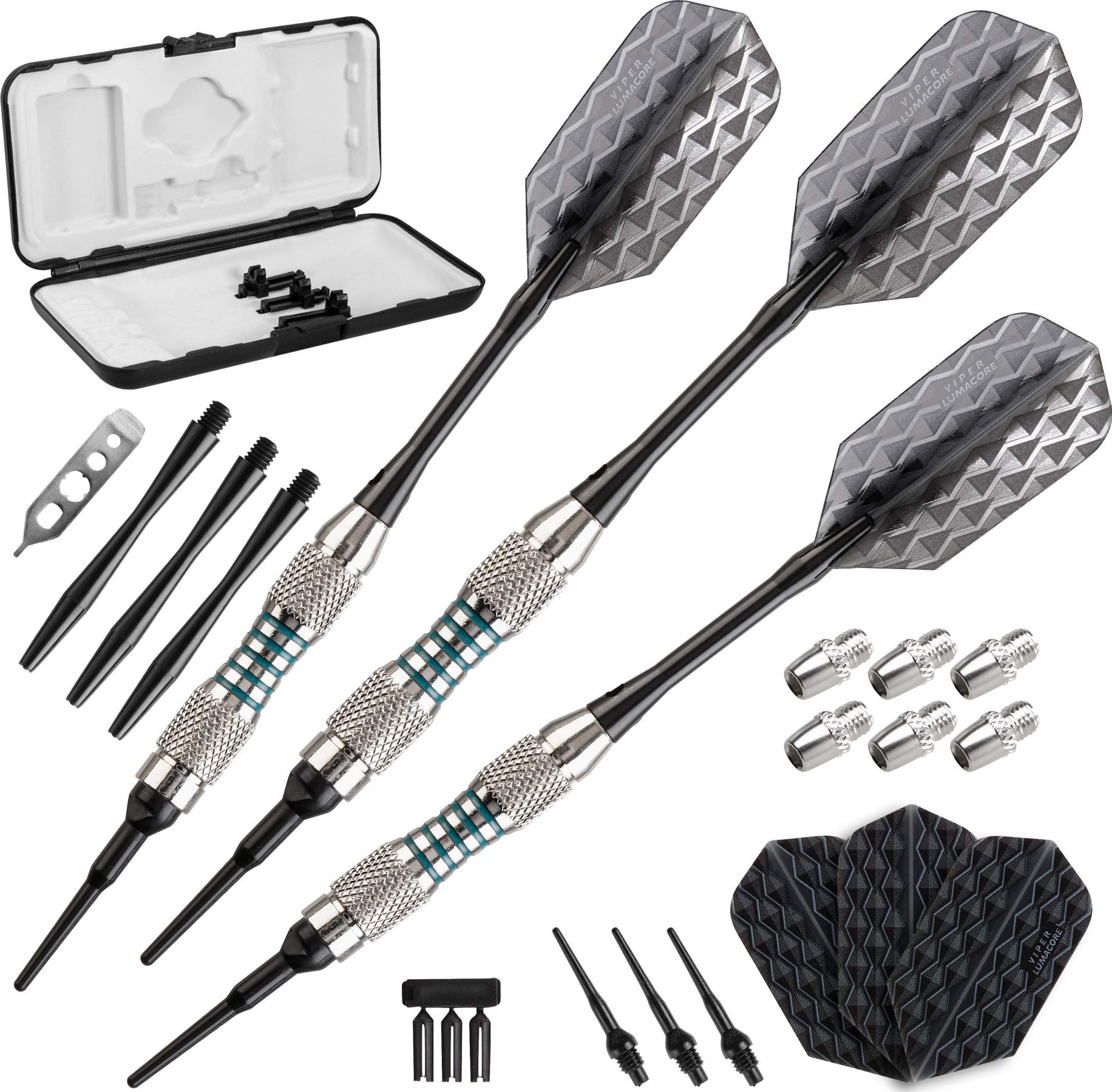 Viper Bobcat Adjustable Weight Soft Tip Darts with Storage/Travel Case: Nickel Silver Plated, Light Blue Rings, 16-19 Grams