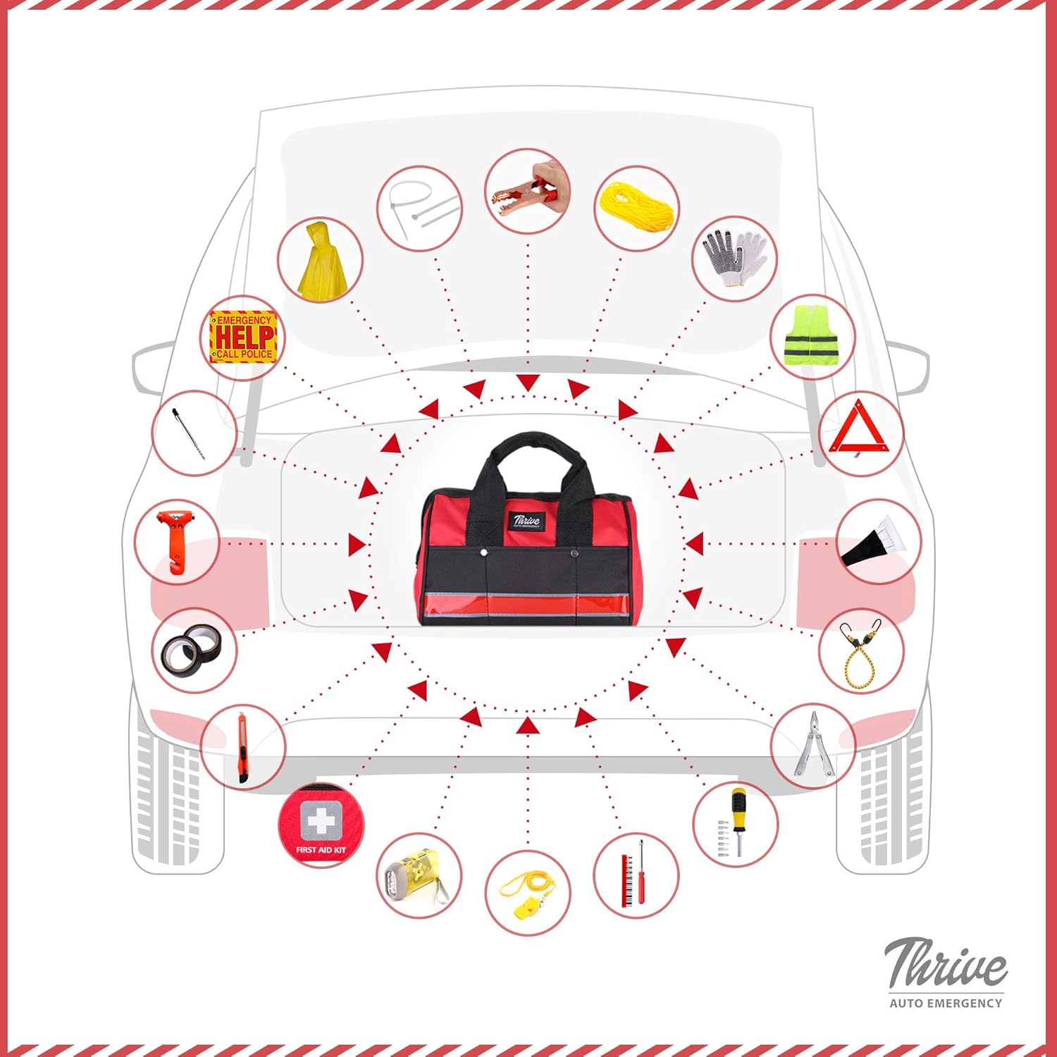 Thrive Auto Emergency Kit + First Aid Kit – Car Accessories Roadside Assistance & Survival Rugged Tool Bag with Jumper Cables, Reflective Safety Triangle and More - Cars Travel & Tow Essentials: Health & Personal Care