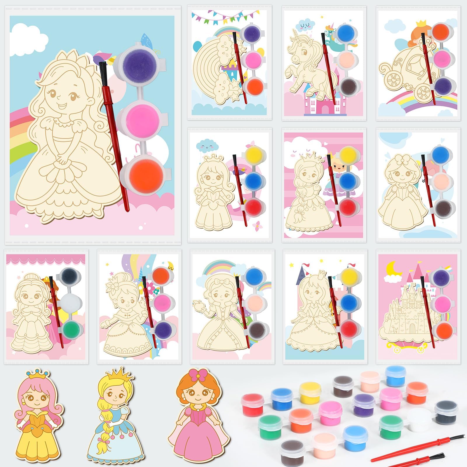 Photo 1 of 24Pcs Princess Party Favors Birthday Supplies Decorations-Cards with Art Crafts Castle Fairies DIY Wooden Painting Craft Kits Thank You for Coming Gifts Bulk Goodie Bags Stuffers Prizes for Kids Girls