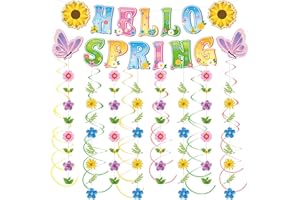 YVAINE 16 Piece Spring Party Decorations,Include Hello Spring Banner Colorful Hanging Swils Decorations and Flowers Garlands 
