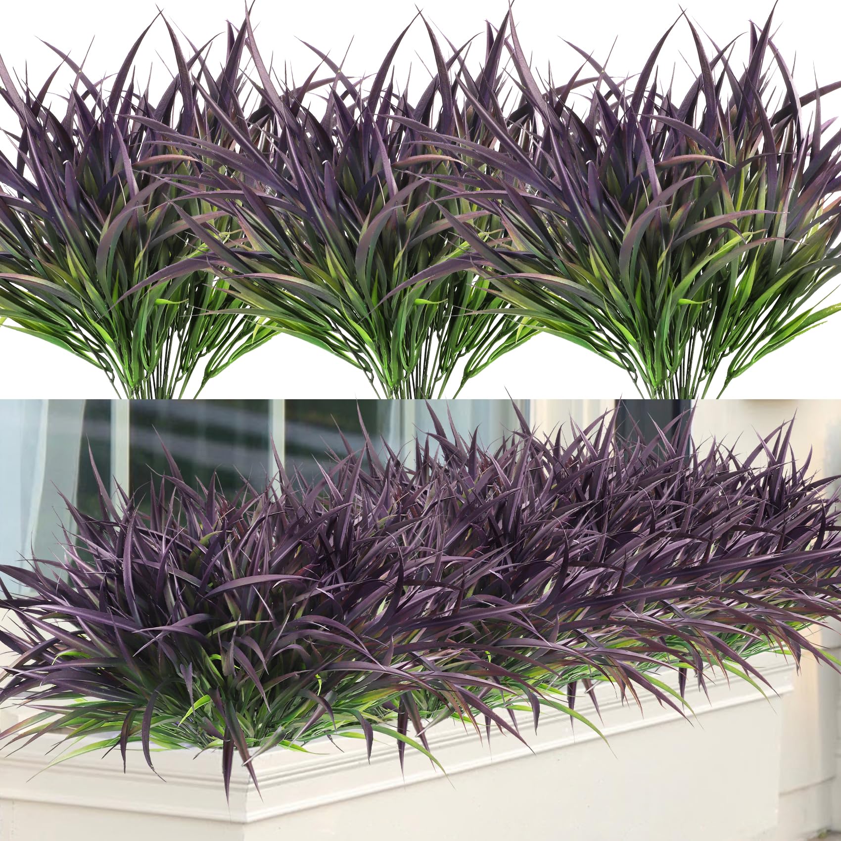 Ouddy Decor 16 Bundles Artificial Plants Outdoor Fake Grass Greenery Stems UV Resistant Faux Plastic Plants Shrubs for Spring Summer Garden Pathway Window Box Farmhouse Front Porch Home Decor, Purple