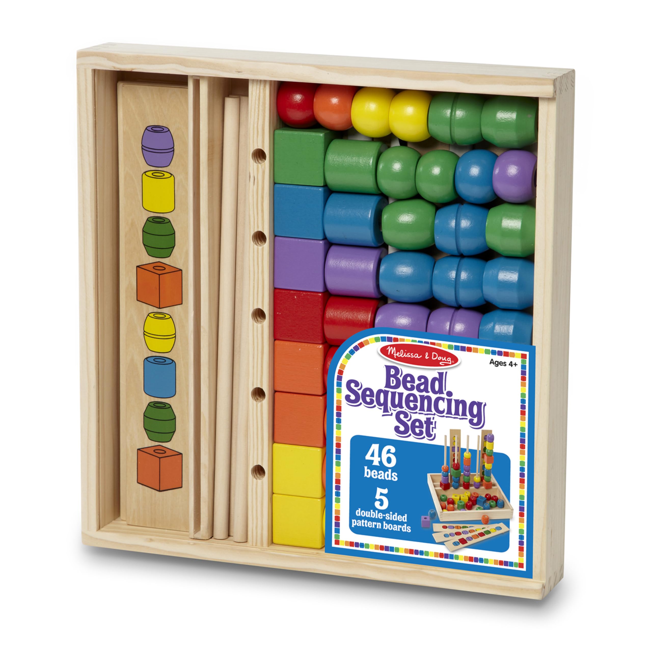 Melissa & Doug Bead Sequencing Set with 46 Wooden Beads and 5 Double-Sided Pattern Boards