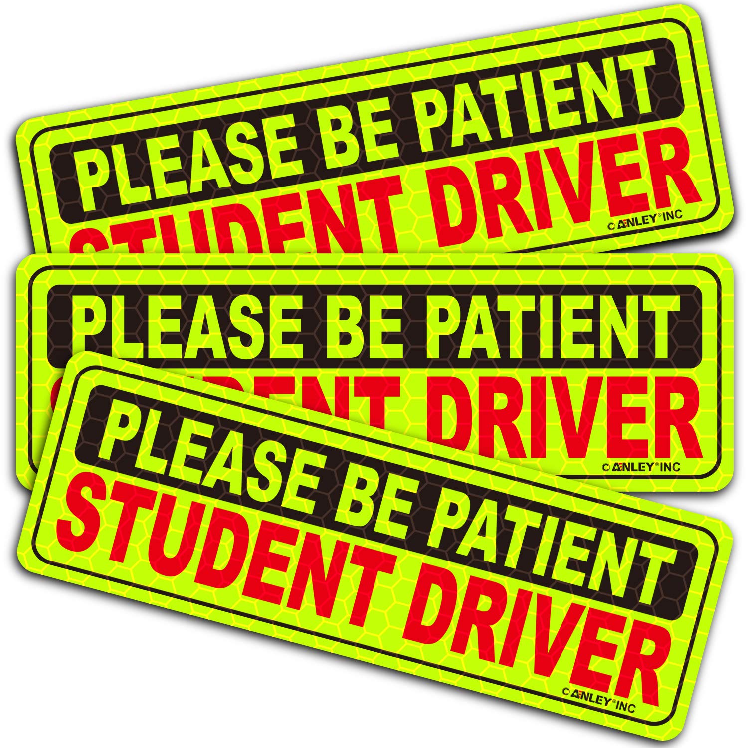 ANLEY Reflective Student Driver Magnetic Car Signs - Please Be Patient Student Driver - Yellow Large Bold Text Vehicle Safty Bumper Magnet for New Drivers or Beginner 10 inch - Set of 3