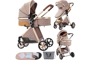 SUTTONBEBE 2 in 1 Baby Stroller Reversible Portable Standard Stroller Convertible Pushchair Infant Buggy Baby Carriage Foldable High Landscape Pram for Toddler Newborn (225 Khaki)