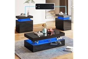 AMERLIFE 3-Piece High Gloss Living Room Table Set, Includes Modern LED Coffee Table with 2-Tier Design and 2 Matching Nightstands with Charging Station, Black