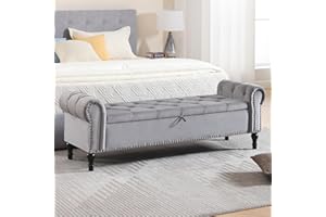 HOMYKA Velvet Storage Bench 67 Inch Upholstered Tufted Ottoman Bench with Arms King Size End of Bed Bench for Bedroom Living Room Entryway Grey