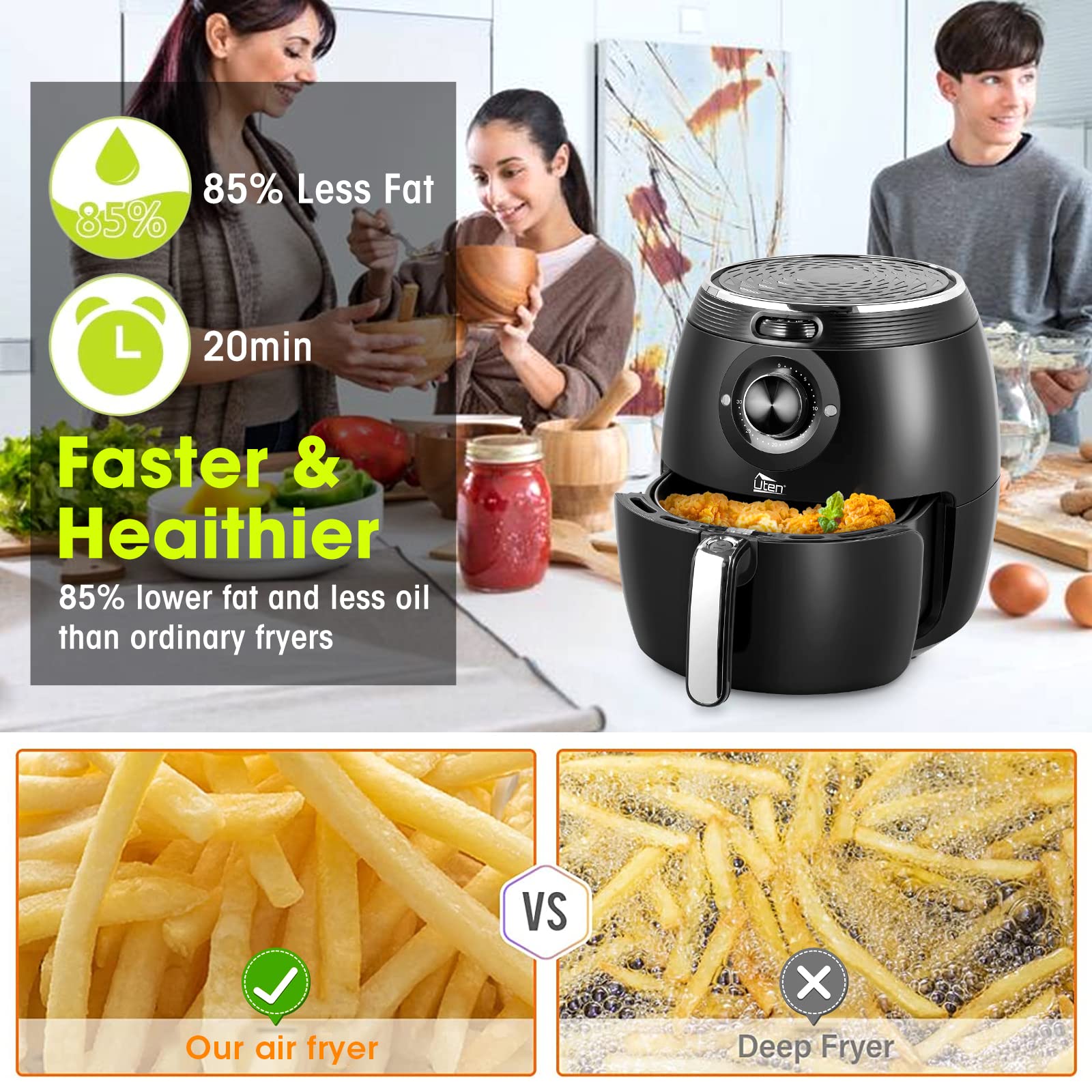 Freidora de aire 5.8QT/5.5L, Uten 1700W AirFryer Control de temperatura caliente eléctrica de alta potencia y perilla del temporizador, cesta para freír antiadherente, apta para lavavajillas, aplicar a fiestas, té de la tarde, negro