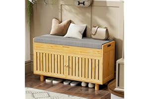OAKVIVO Shoe Storage Bench, Bamboo Entryway Bench with 2 Doors & Padded Seat Cushion, 35.4" W x 12.6" D x 19.7" H, 2-Tier Shoe Rack with Lift Top Hidden Storage, for Entryway, Living Room, Bedroom, Natural