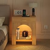YOSHOOT Modern Nightstand with Drawer, Wood Bed Side Table, Natural Oak | Tall End Table with Charging Station &amp; LED Light, 2 AC Outlets 2 USB Ports, Arched Open Shelf, Living Room Bedroom, 1 Pack