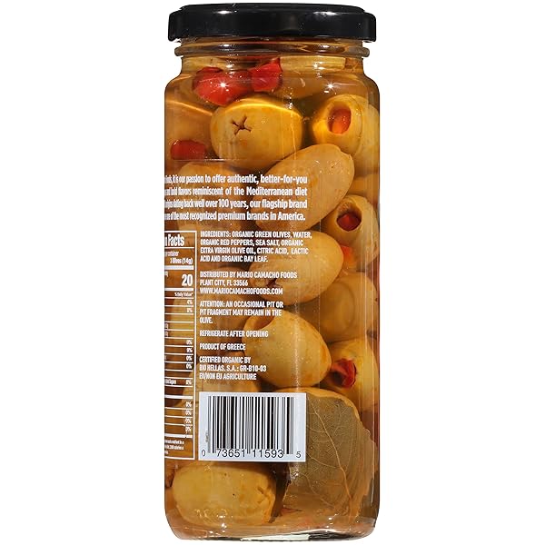 MARIO CAMACHO ORGANIC GREEN OLIVES STUFFED WITH REAL PIMIENTO AND TOUCH OF OLIVE OIL, 6.7 OUNCE (PACK OF 1)